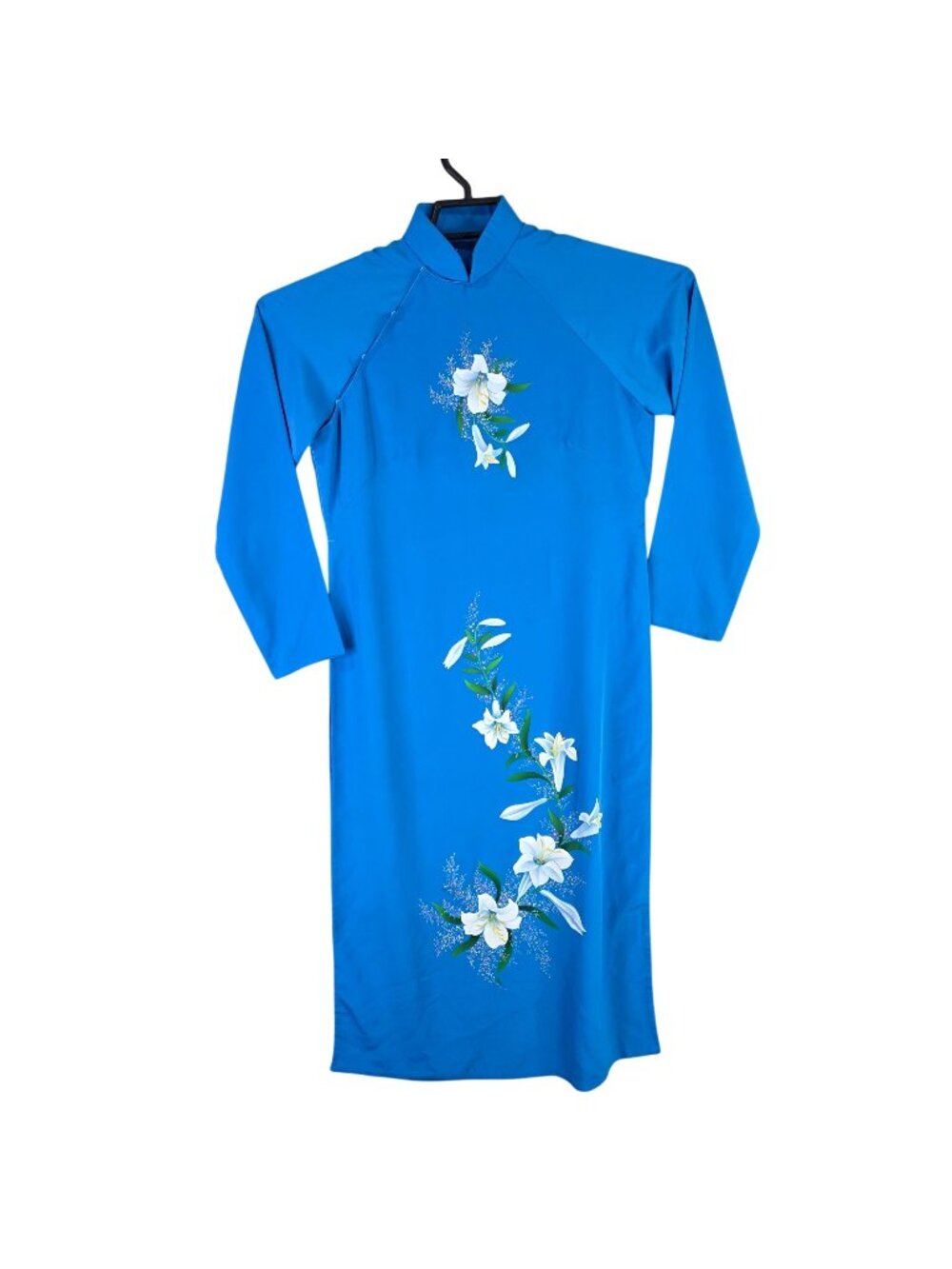 Womens Blue Floral Áo Dài White Lily Print Vietnamese Dress Long Sleeve Size S